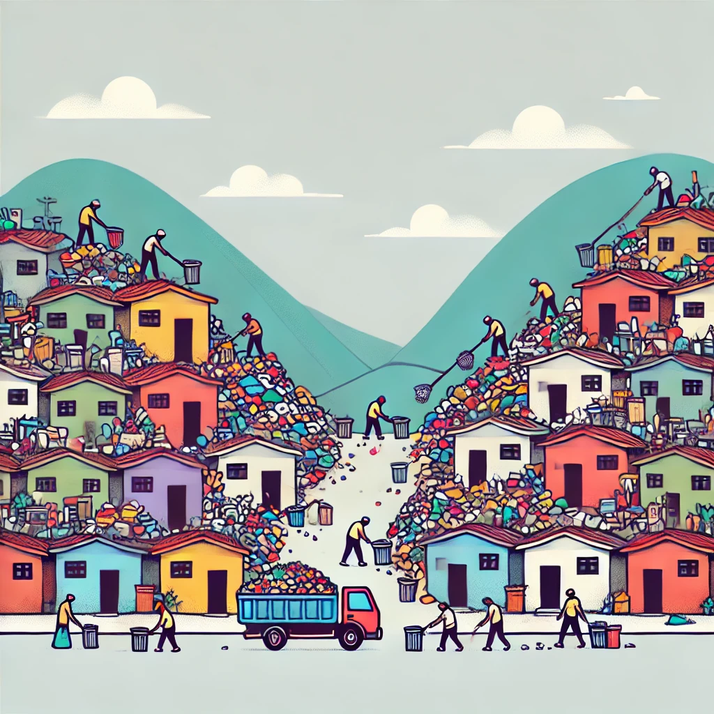 Ilustração colorida de moradores organizando o lixo em uma comunidade.